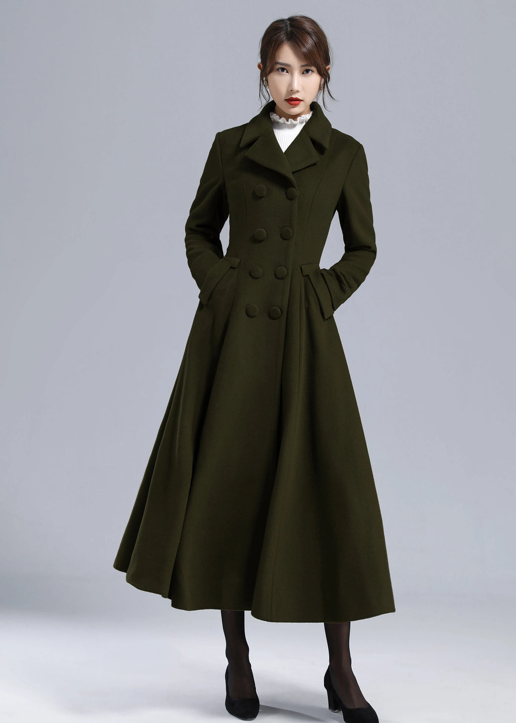 Forest Green Wool Maxi Coat – Vintage Fit and Flare Double Breasted Overcoat 5497