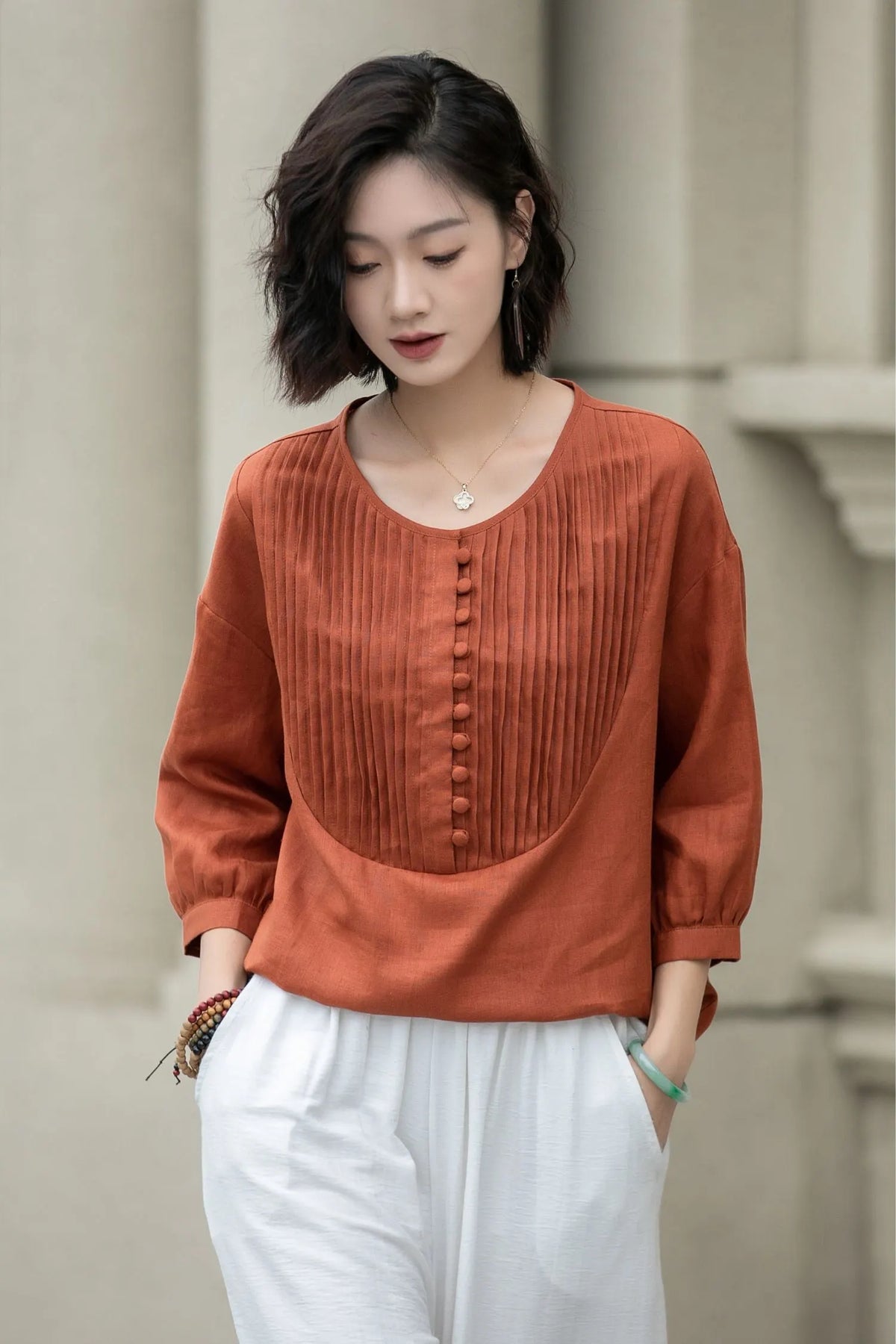 Rust Red Cotton Linen Tunic Top - 3/4 Sleeve Crew Neck 
