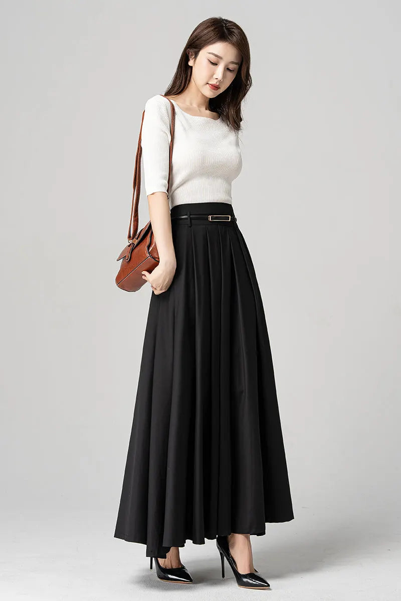 Black Polyester Pleated Maxi Skirt - Flowy Ankle Length 4189