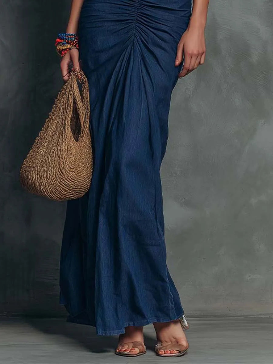 Boho-Vintage Elegant Imitation Denim Indigo Ruched Maxi Dress