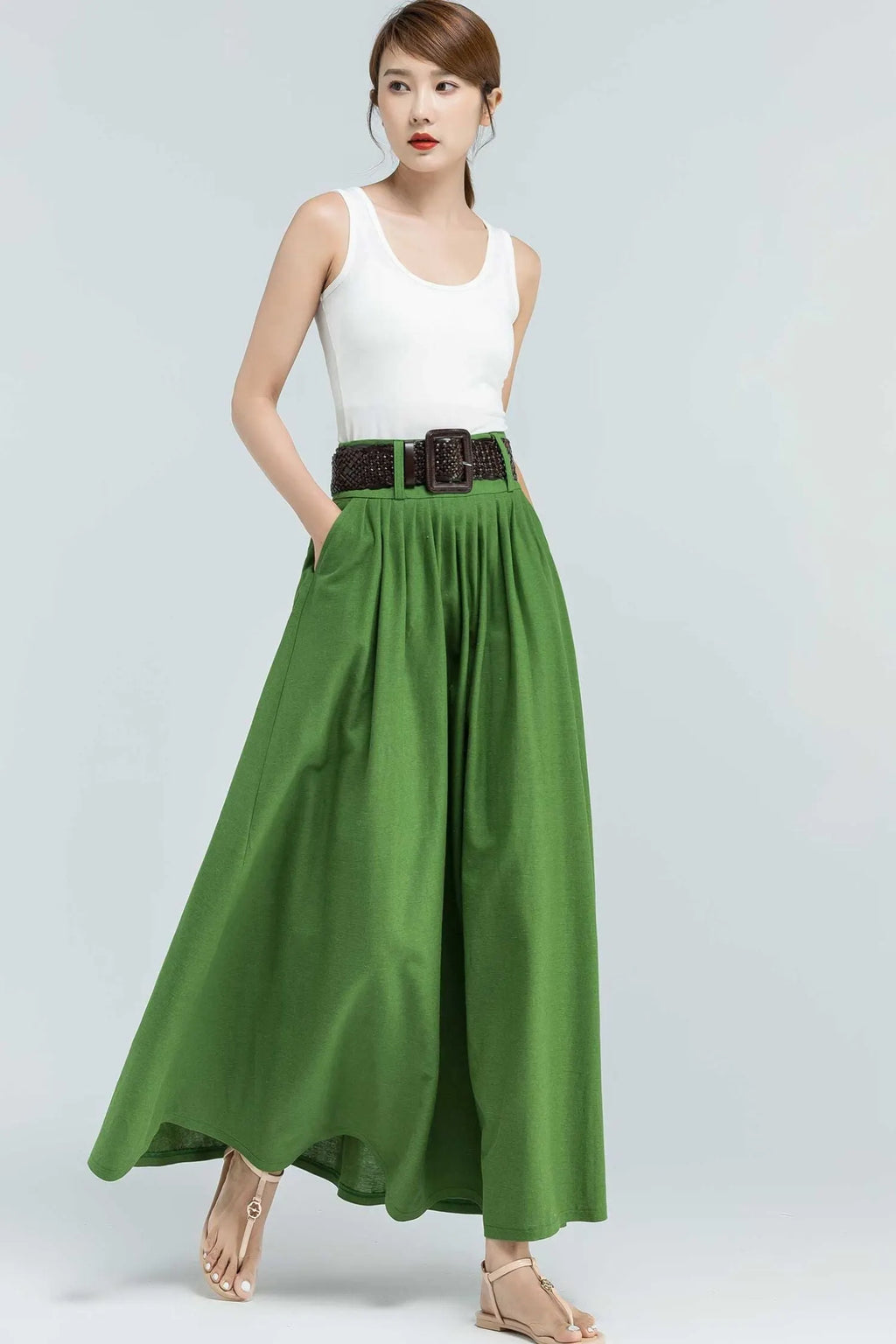 Green Linen Maxi Skirt - Pleated Waist with Pockets 2381