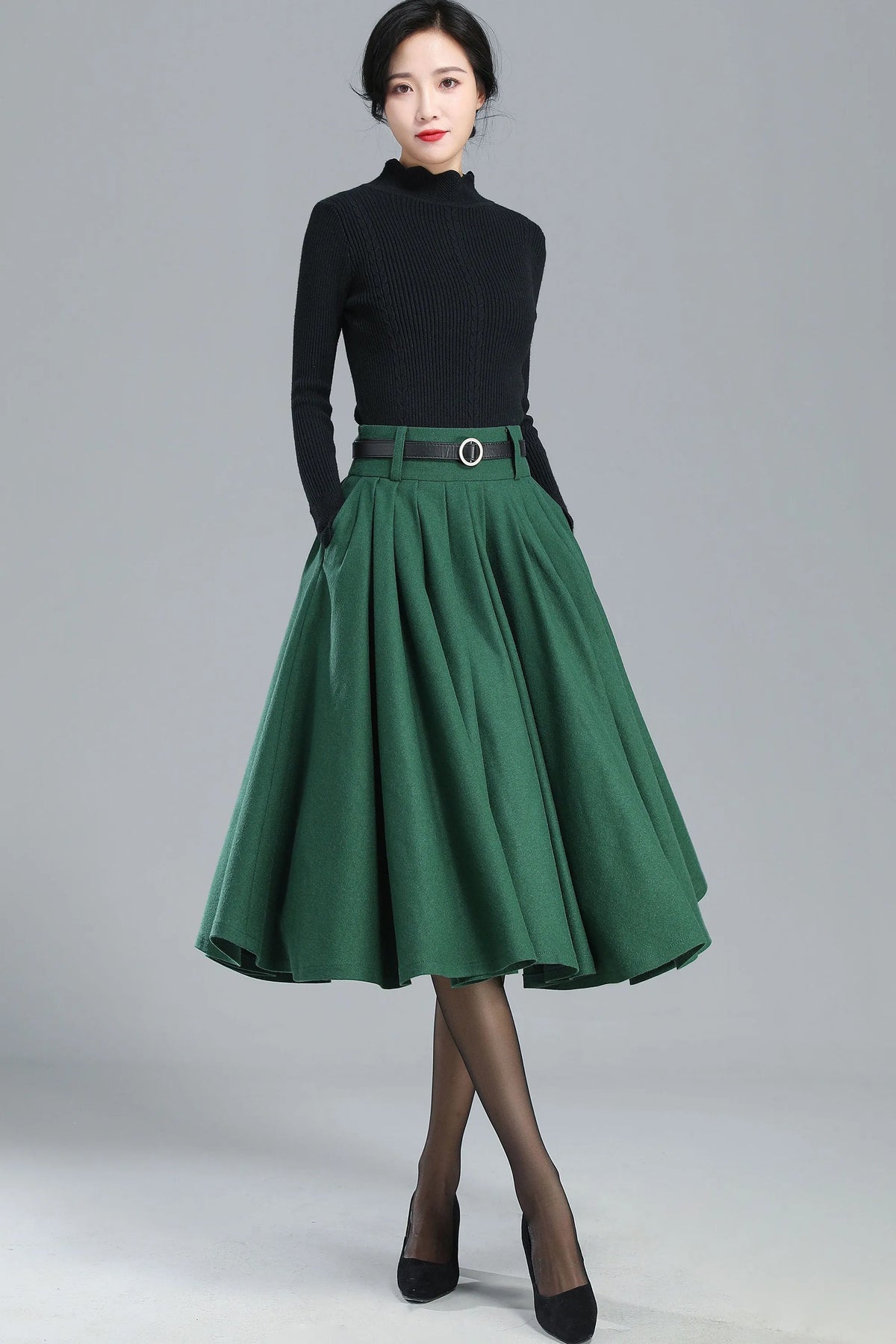 Green Wool Midi Skirt – Vintage High Waist A-Line Winter Skirt 3249