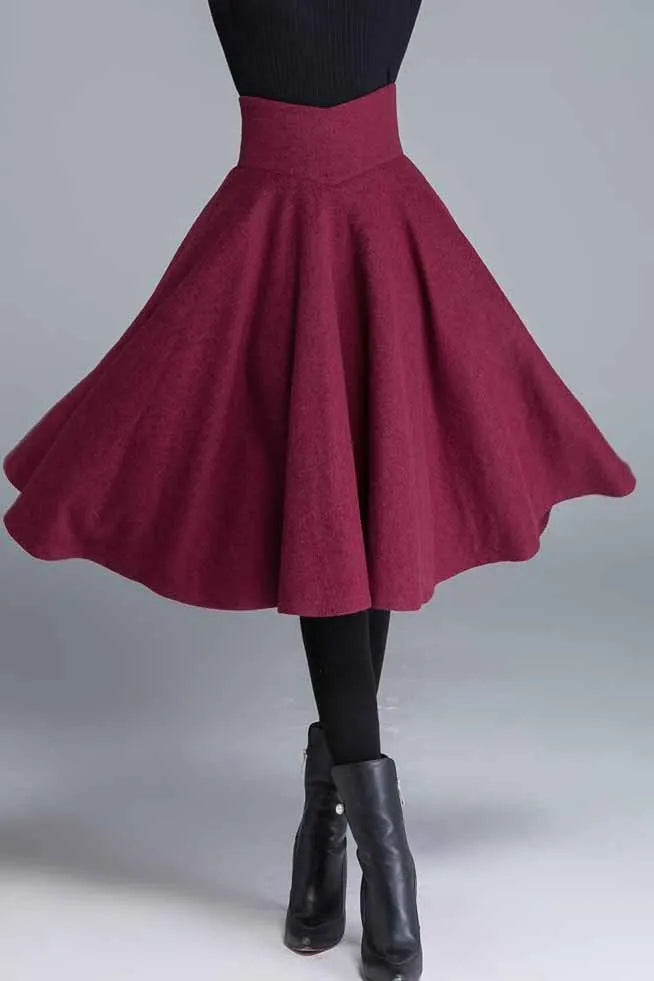 Burgundy Wool Blend Midi Skirt - High Waist Swing A-Line 1678