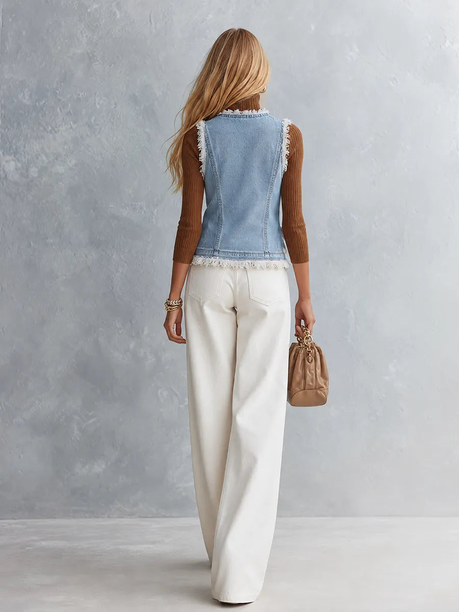 Light Blue Frayed Gold Button Front Denim Vest
