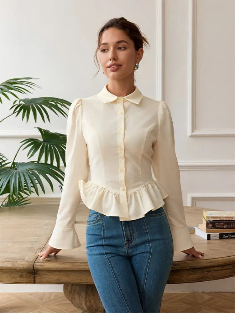 French Ruffle Collar Lapel Blouse