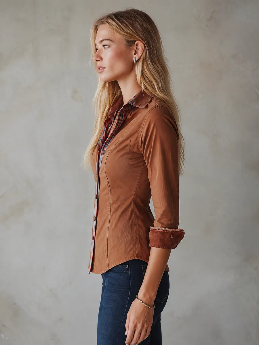 Women's Striped Placket Contrast Cuffs Slim Fit Rust Button Down Shirt