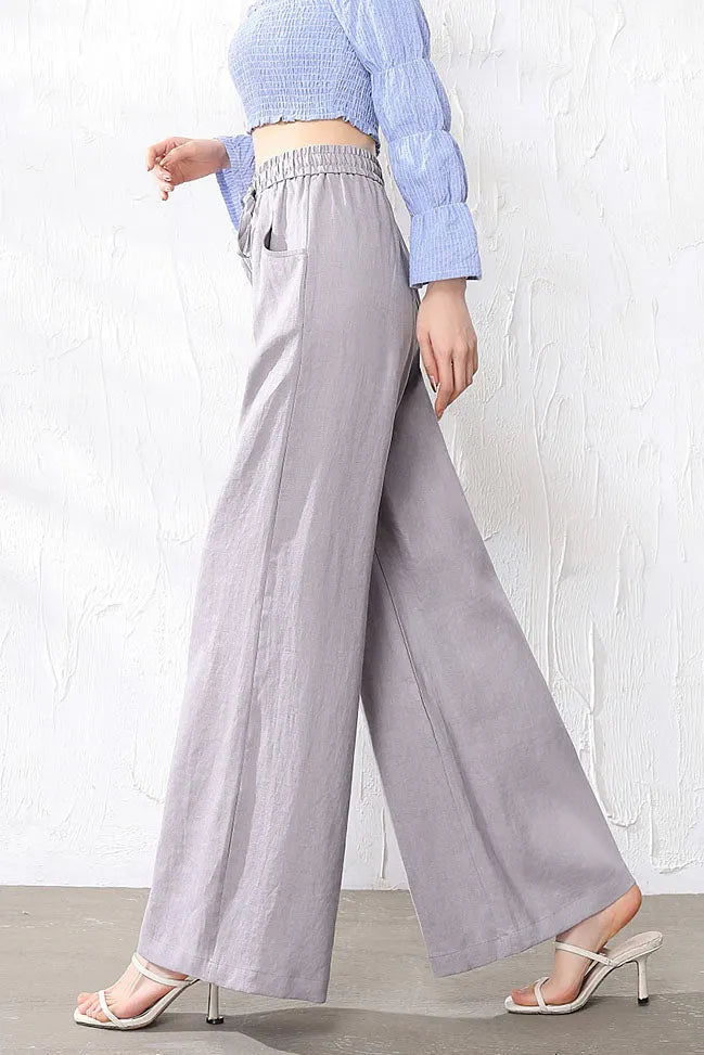 White Linen Wide Leg Pants - Elastic Waist with Front Pockets 3518