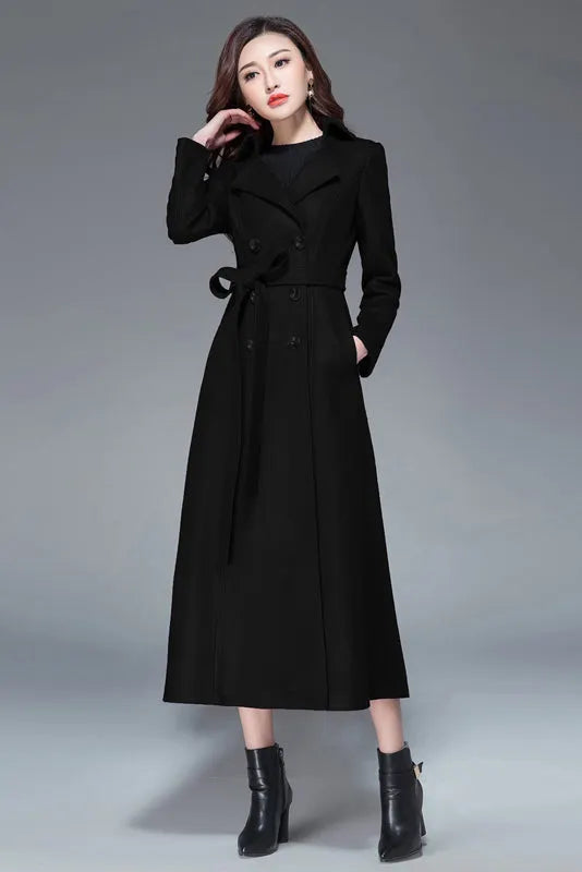 Handmade Light Gray Wool Coat – Elegant Double-Breasted Belted Long Overcoat 