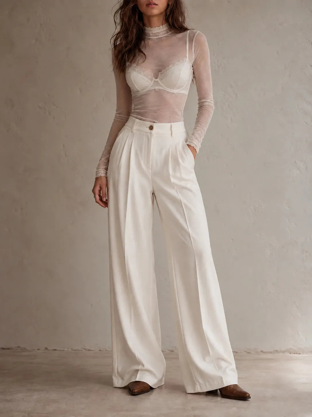Sheer Lace-Trim Mock-Neck Top