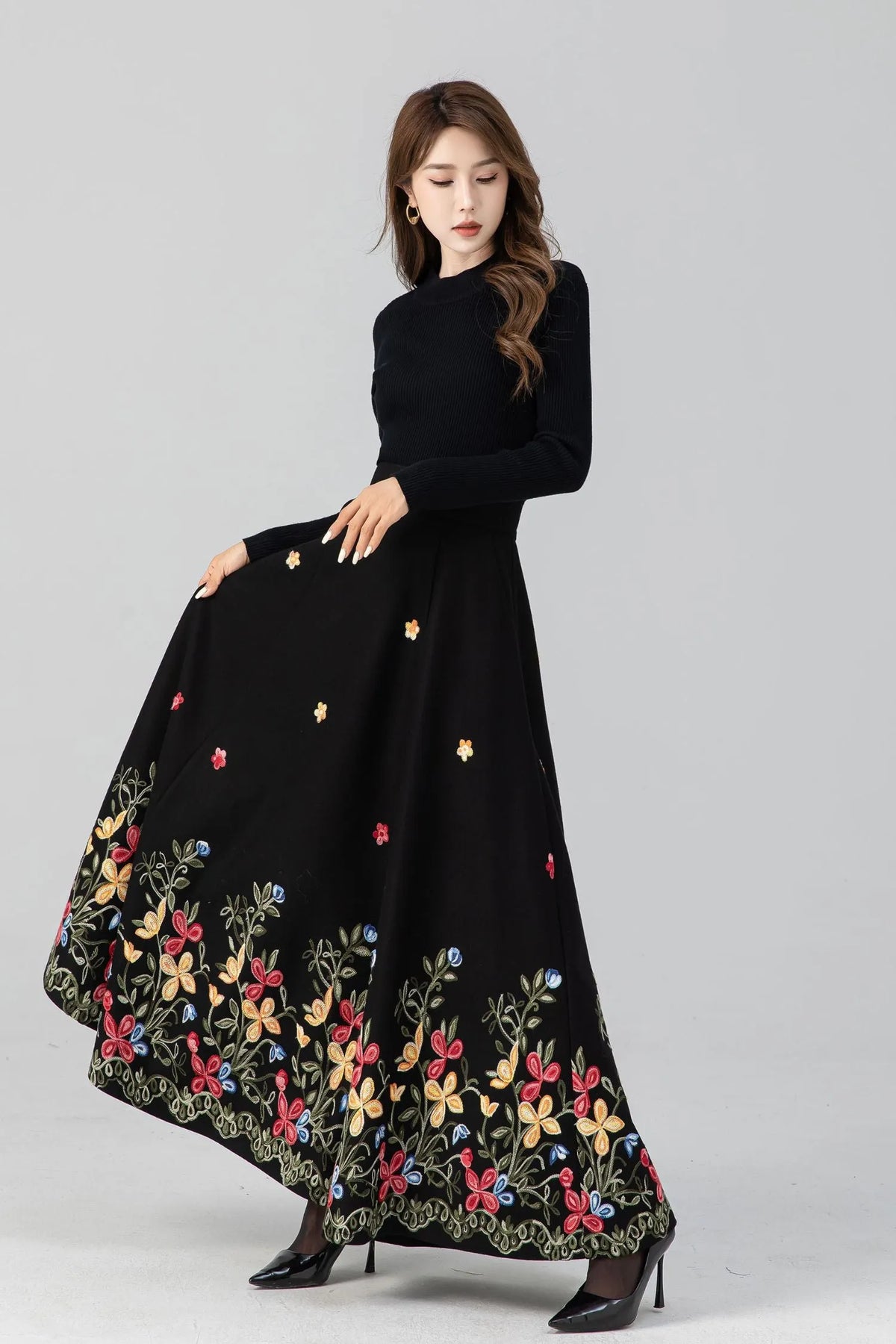 Black Wool Maxi Skirt - Embroidered Flared Silhouette 4664