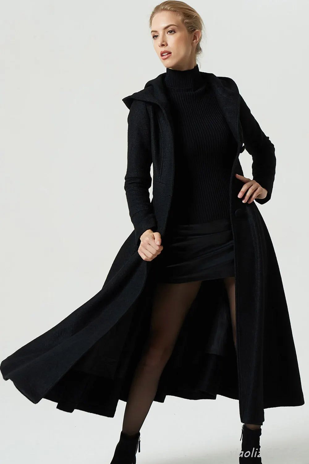 Handmade Black Wool Coat – Hooded Fit & Flare Maxi Winter Overcoat 