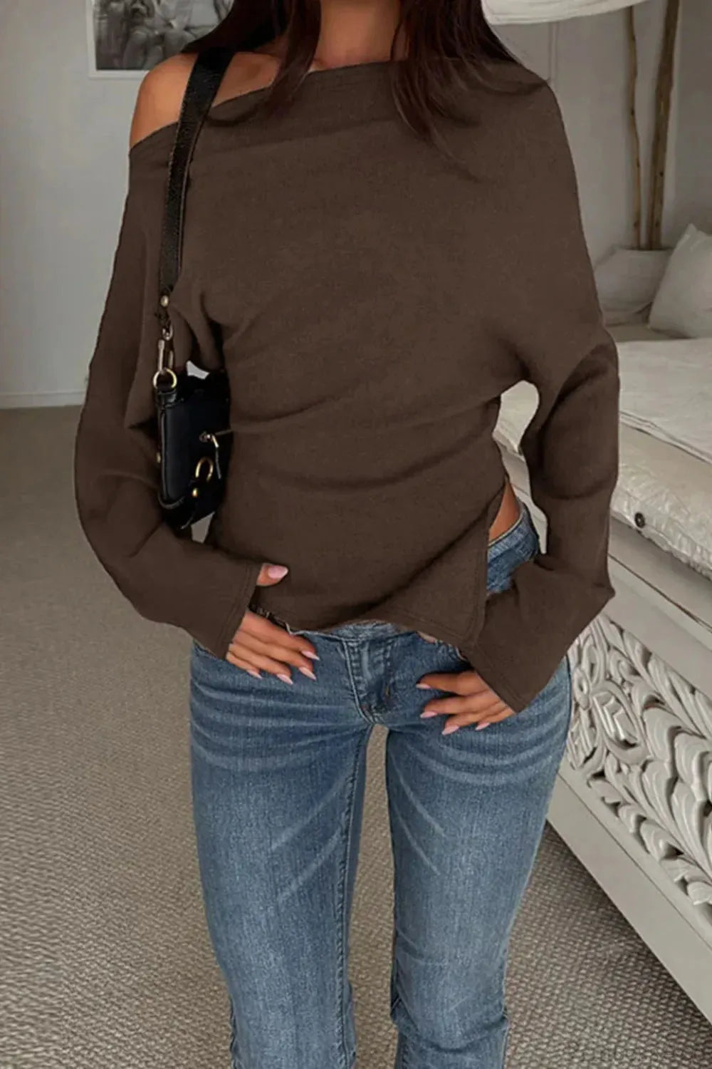 Solid Fleece Off-shoulder Slim Long Sleeve Tee