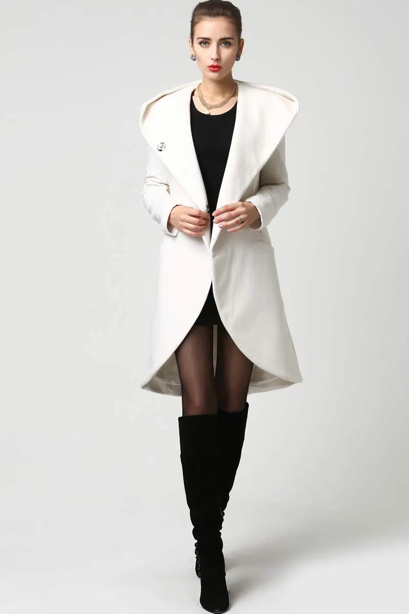 White Wool Blend Coat - Draped Hood Asymmetric Hem 