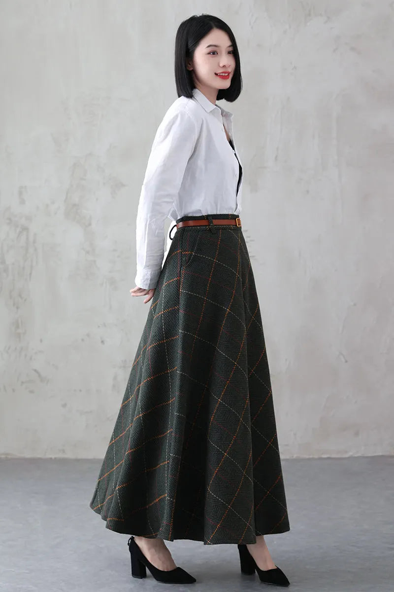Green Plaid Wool Maxi Skirt – Vintage Swing High Waist Winter Skirt with Pockets 3841