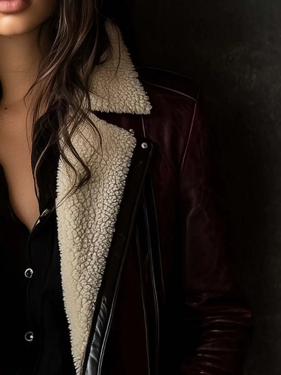 Women's Vintage Burgundy Lambskin Faux Leather Coat
