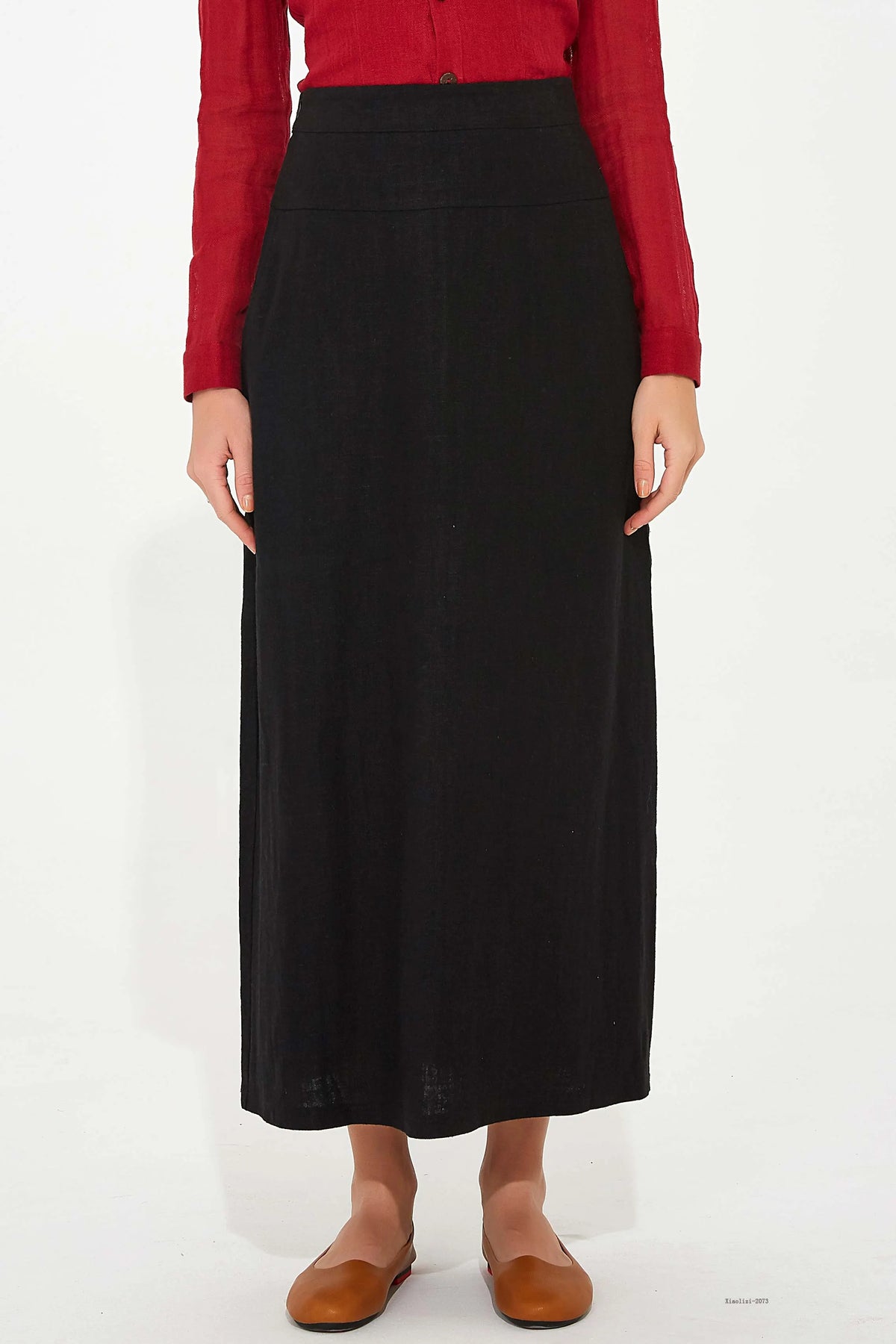 Black Linen High-Waisted Straight Skirt - Fitted Silhouette 2073