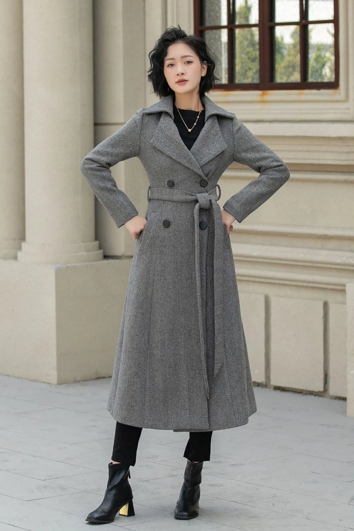 Gray Wool Long Trench Coat - Double Breasted Tie Waist 6288