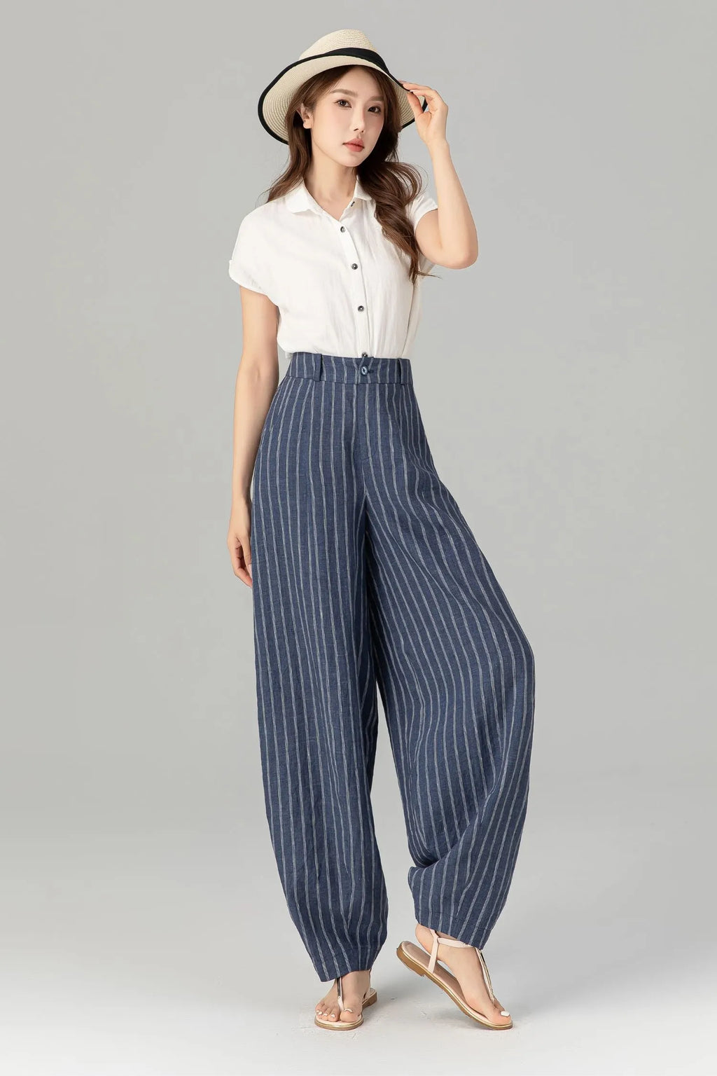 Blue Linen Pants - Plus Size Striped Ankle-Length Relaxed Fit 4939