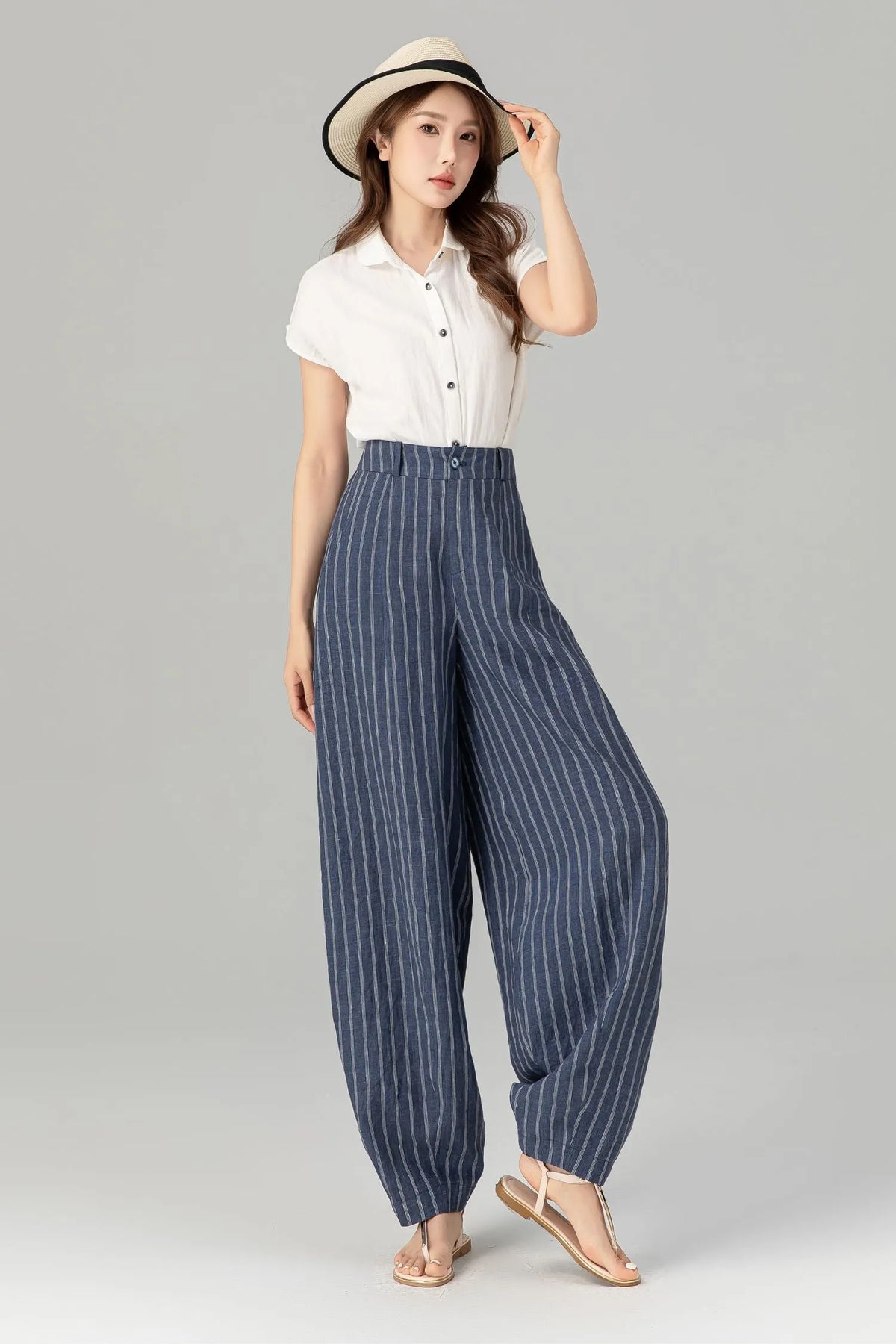 Blue Linen Pants - Plus Size Striped Ankle-Length Relaxed Fit 4939