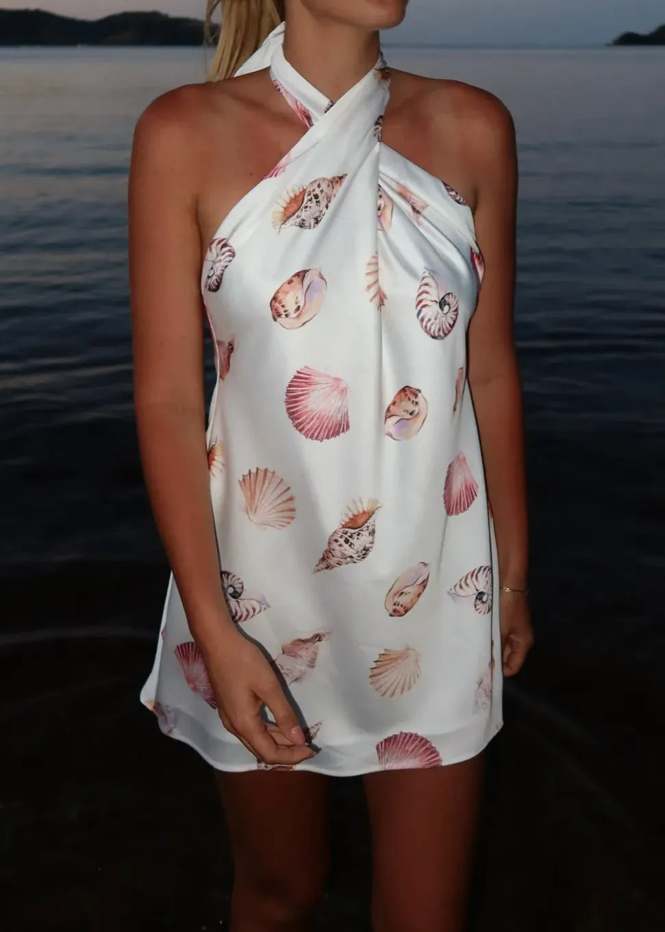 Seashell Print Cross Halter Mini Dress