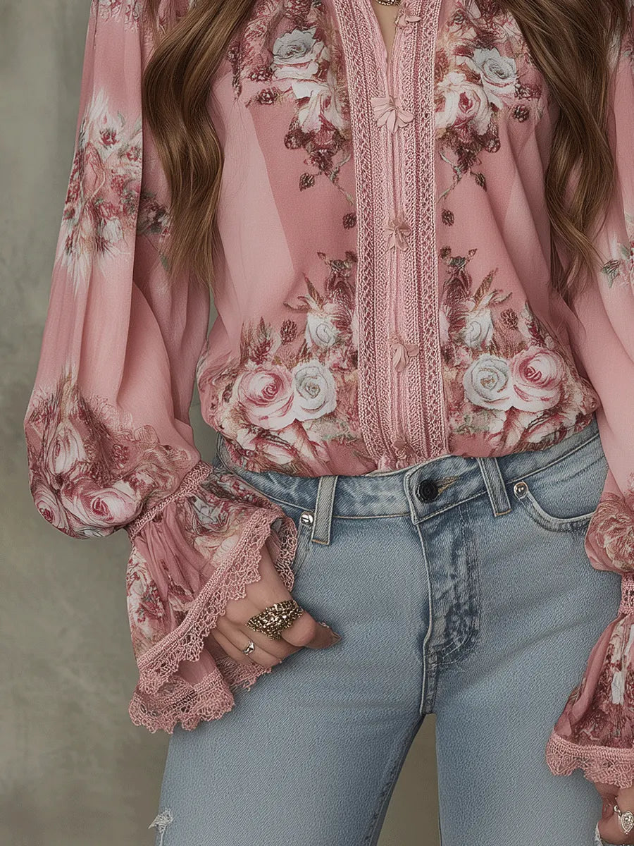 Floral Lace-Trim Chiffon Blouse – Romantic, Affordable