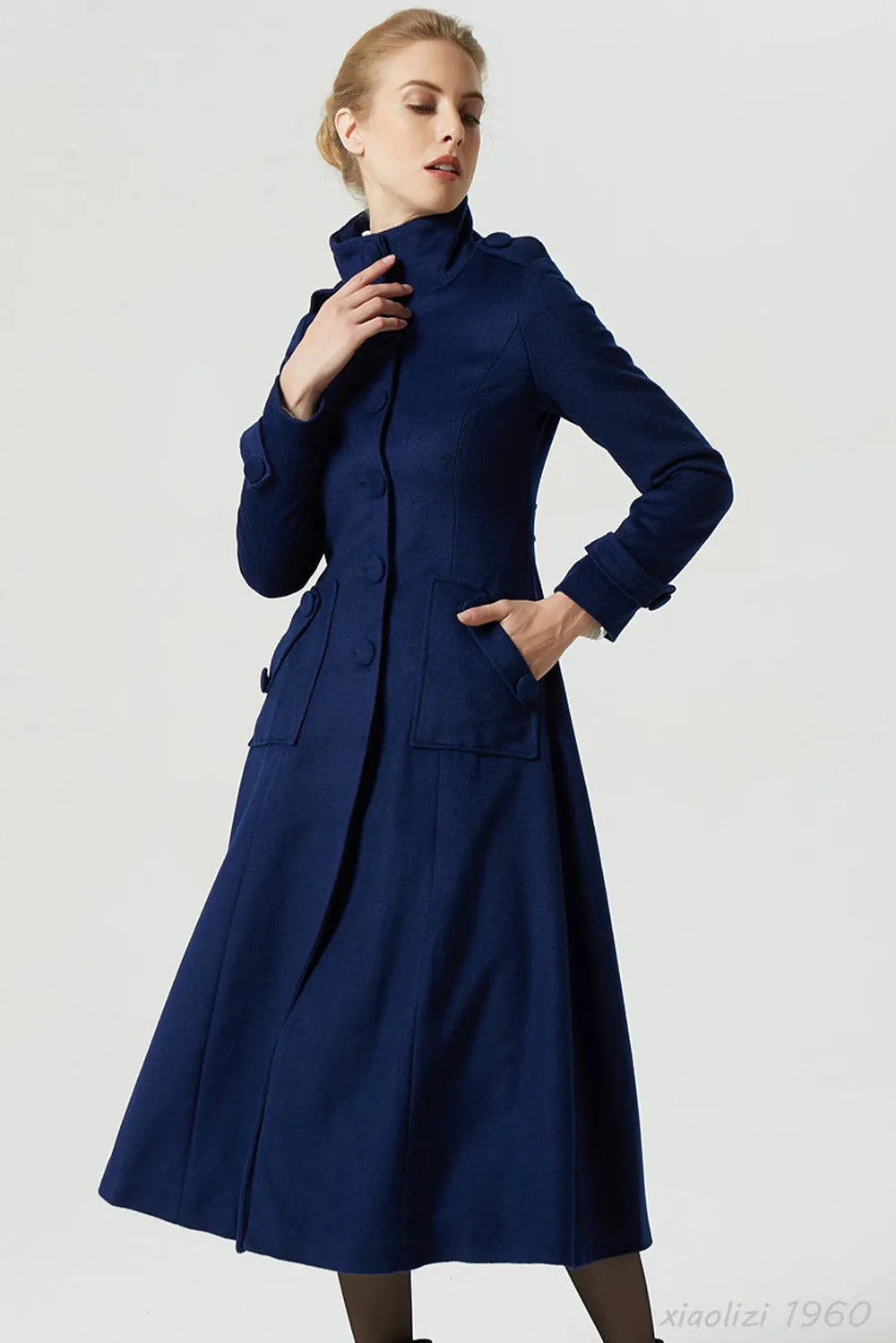 Vintage Wool Coat for Women – Handmade Navy Military Style Long Winter Coat 