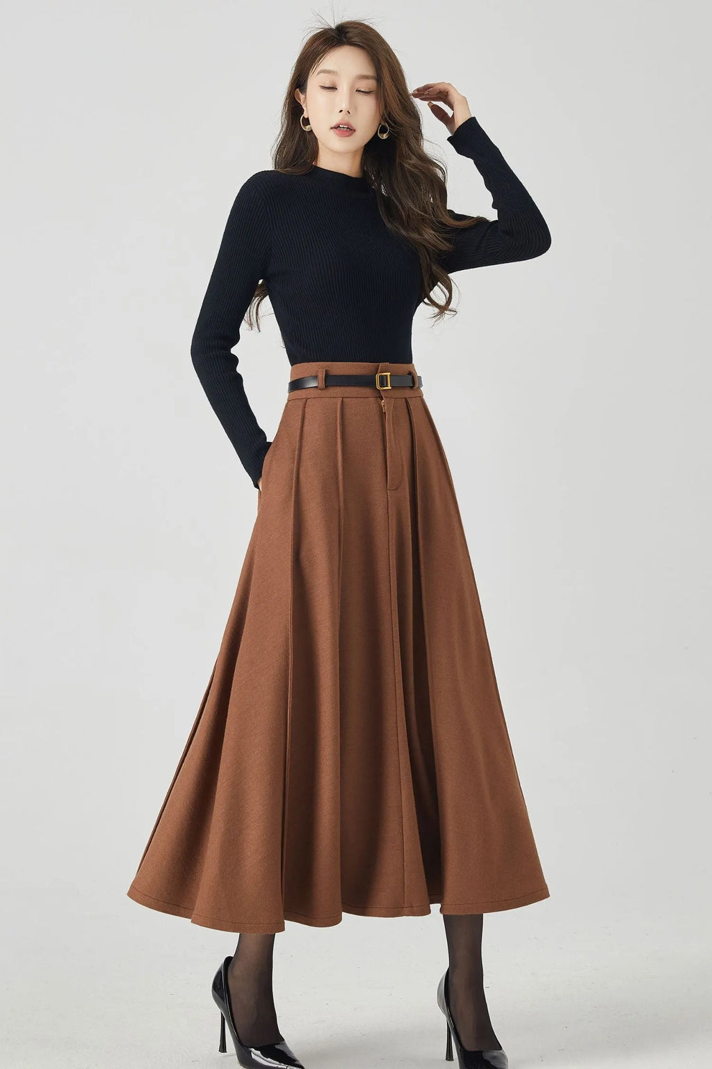 Brown Wool Pleated Midi Skirt – High Waist Winter Skirt with Pockets 4531
