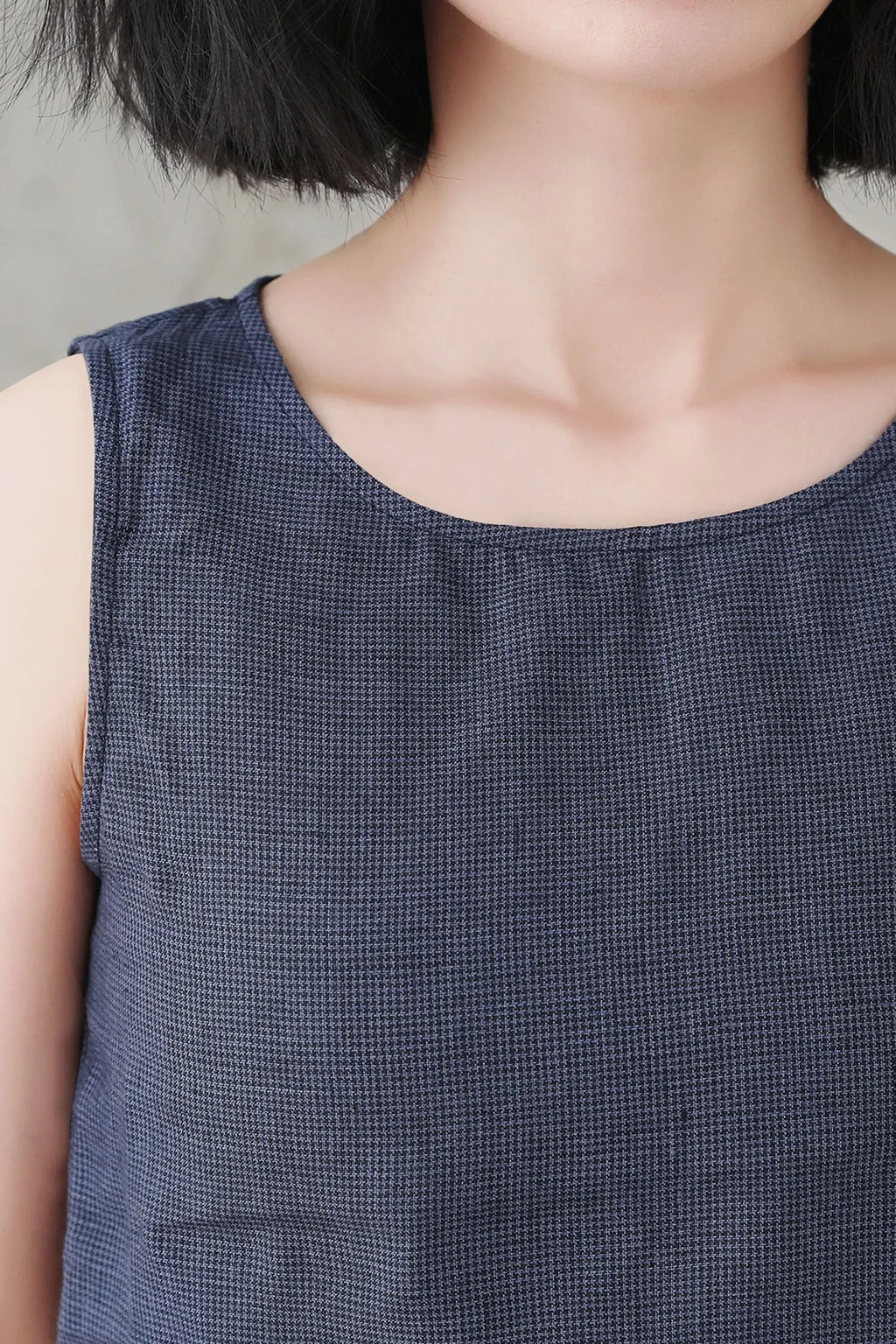 Blue Checked Linen Tank Top - Loose Fit with Scoop Neckline 3338