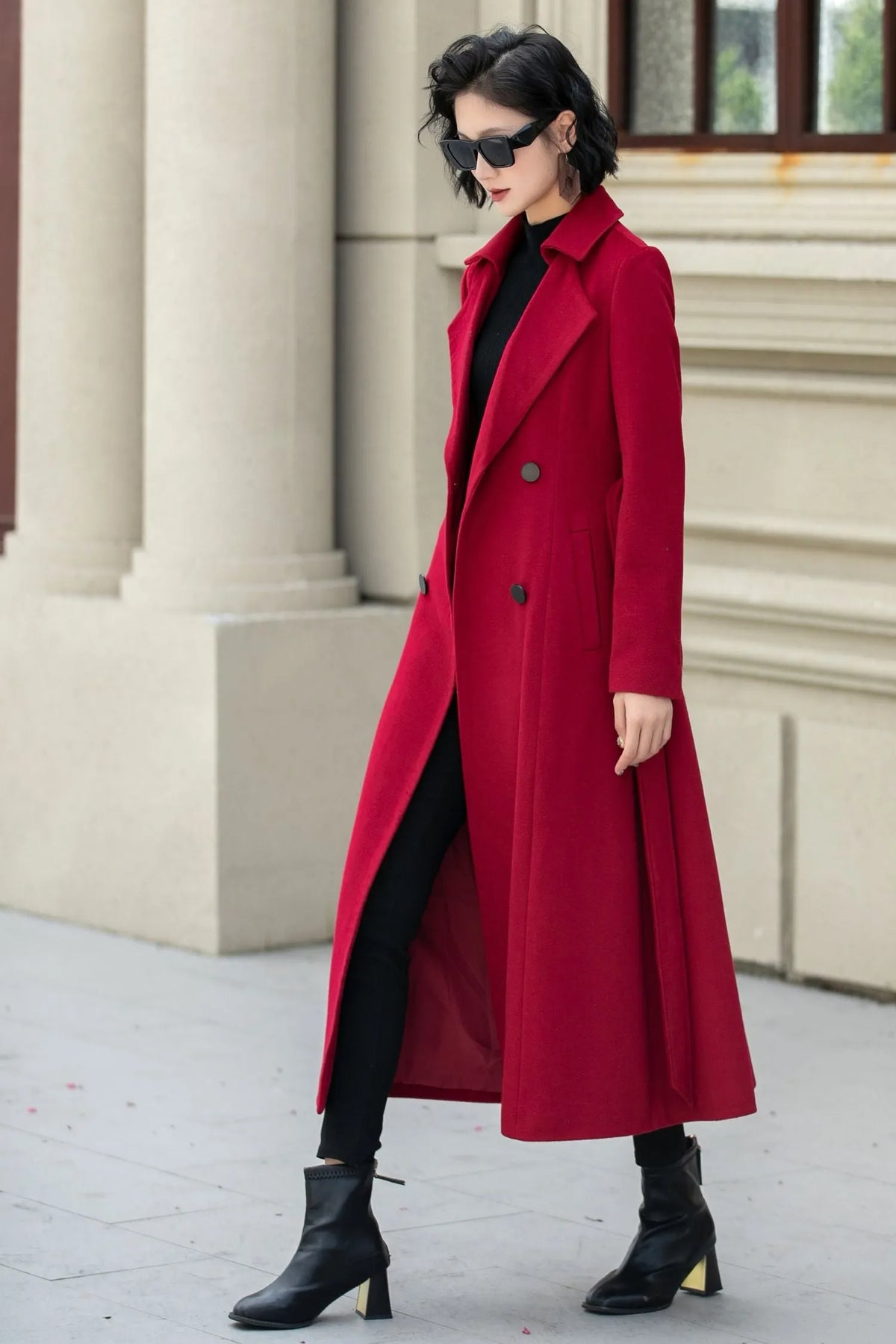 Red Wool Maxi Coat - Double-Breasted Fit & Flare Silhouette 5348