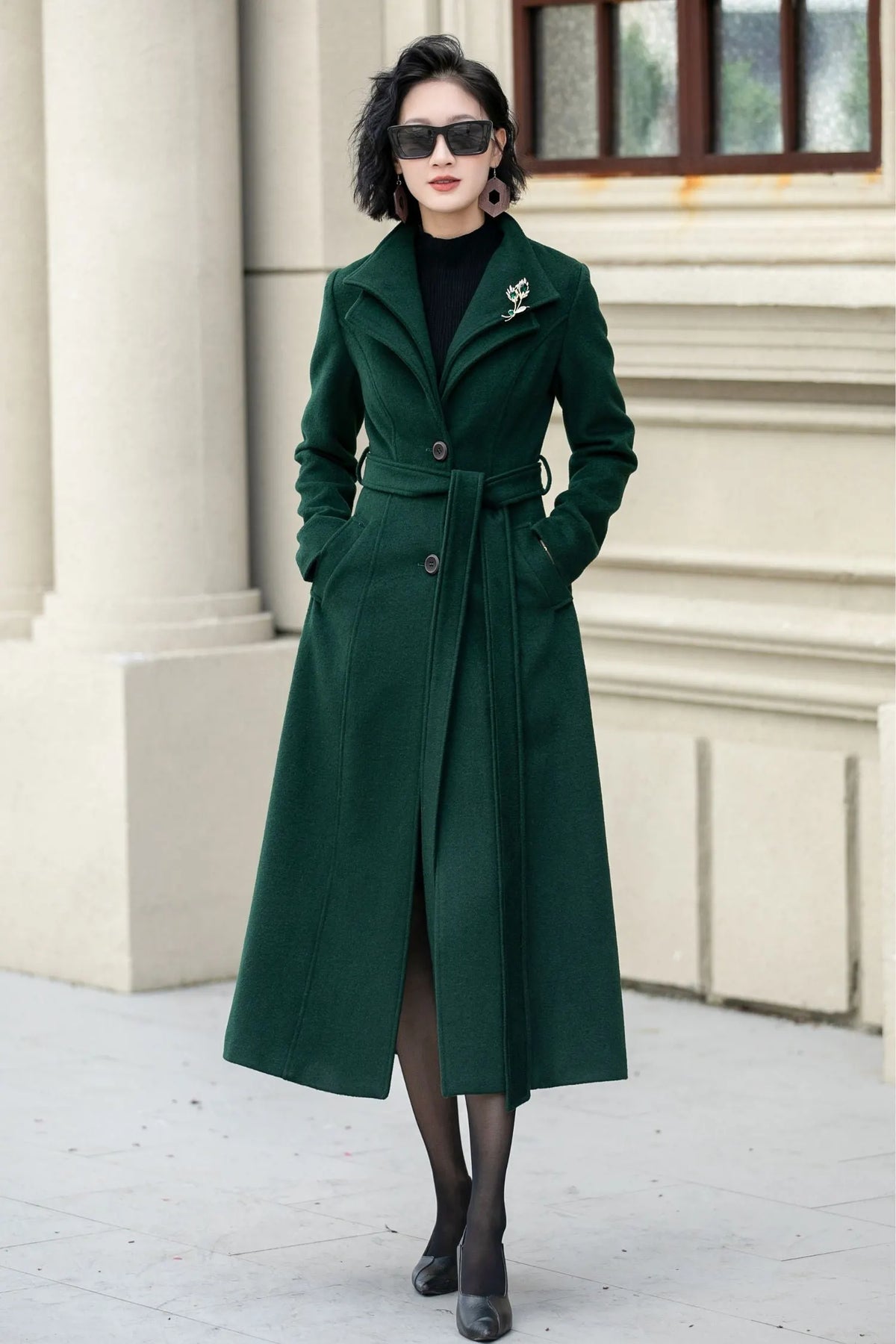 Wine Red Wool Midi Coat - Flared Silhouette with Waist Belt 5350