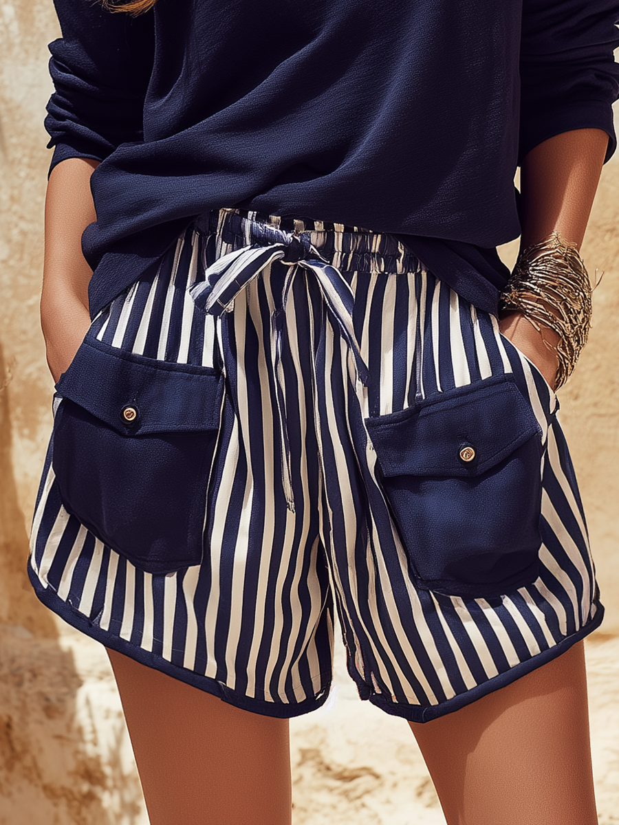 Retro Classic Striped Color-blocked Trim Multi-pocket Shorts