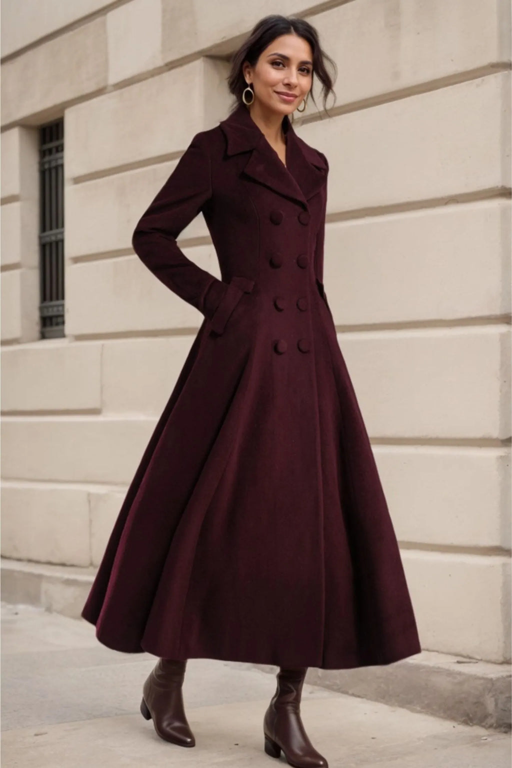 Burgundy Wool Swing Coat – Vintage 1950s Double Breasted Long Overcoat 3239
