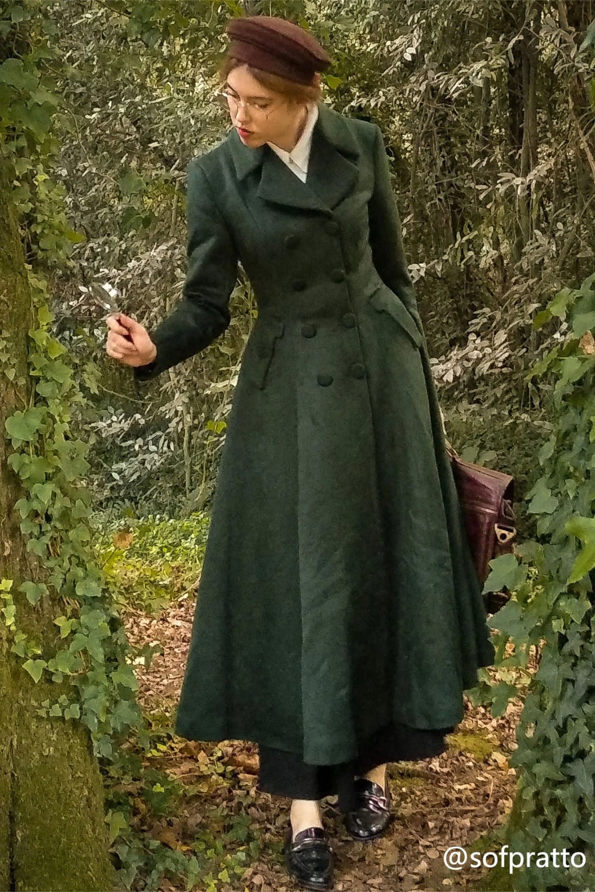 Handmade Dark Green Wool Maxi Coat – Vintage Double Breasted Fit and Flare 