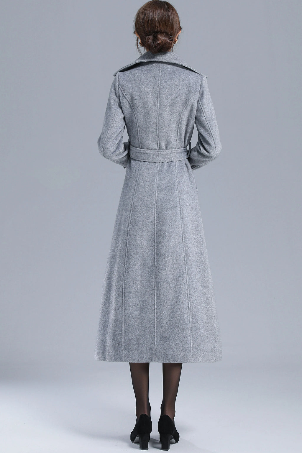 Gray Wool Belted Coat - Double Breasted, Mid-Calf Length 3209
