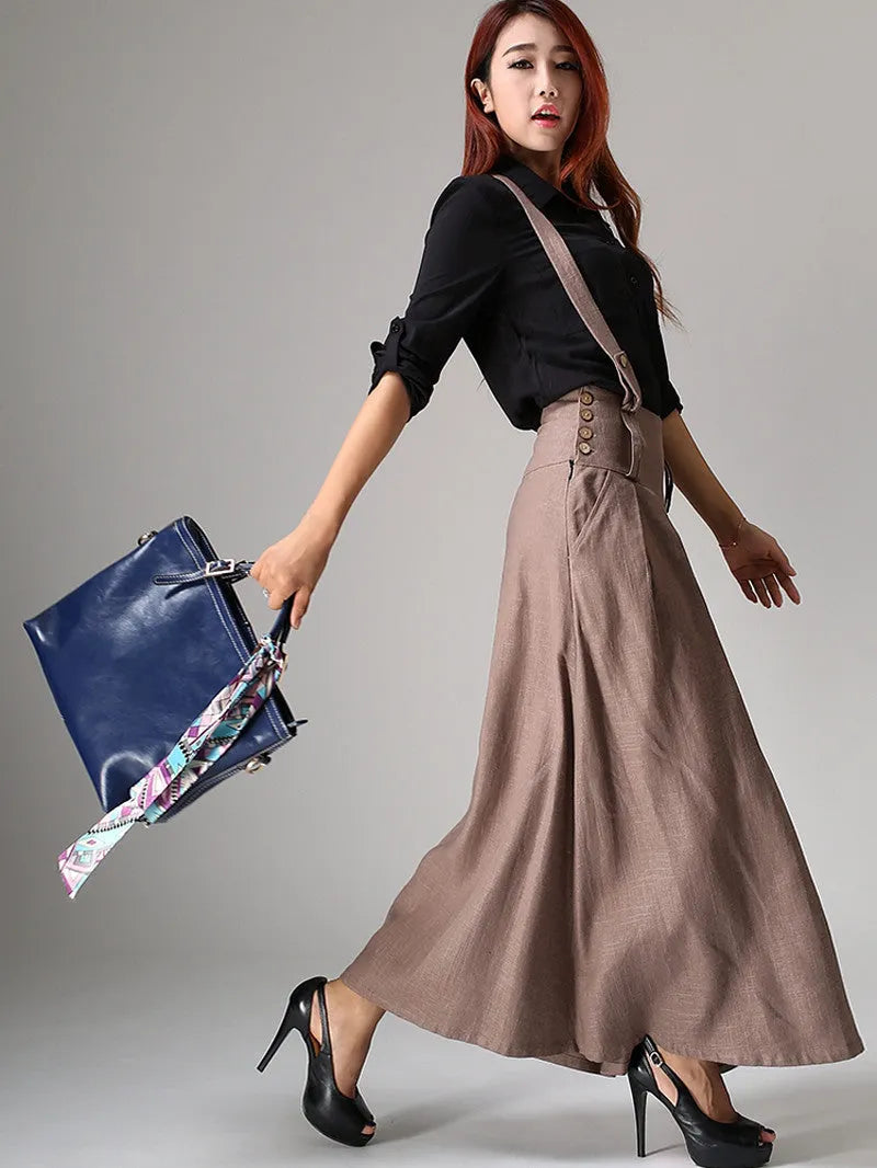 Beige Linen Maxi Skirt - Suspender Detail with Pockets 1033