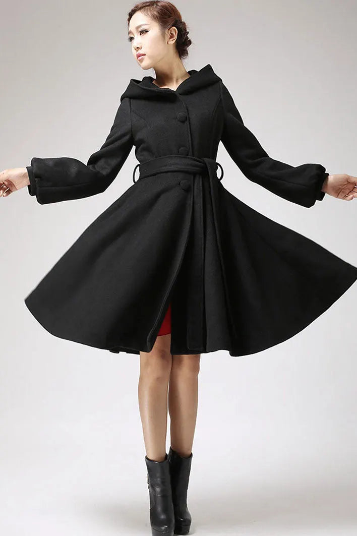 Dark Gray Wool Swing Coat - Hooded with Tie Waist and Lantern Sleeves 1073