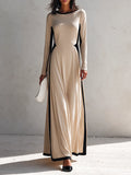 Women's Long-Sleeve Knitted Maxi Dress With Contrast Piping MDZ2818H7ZRK