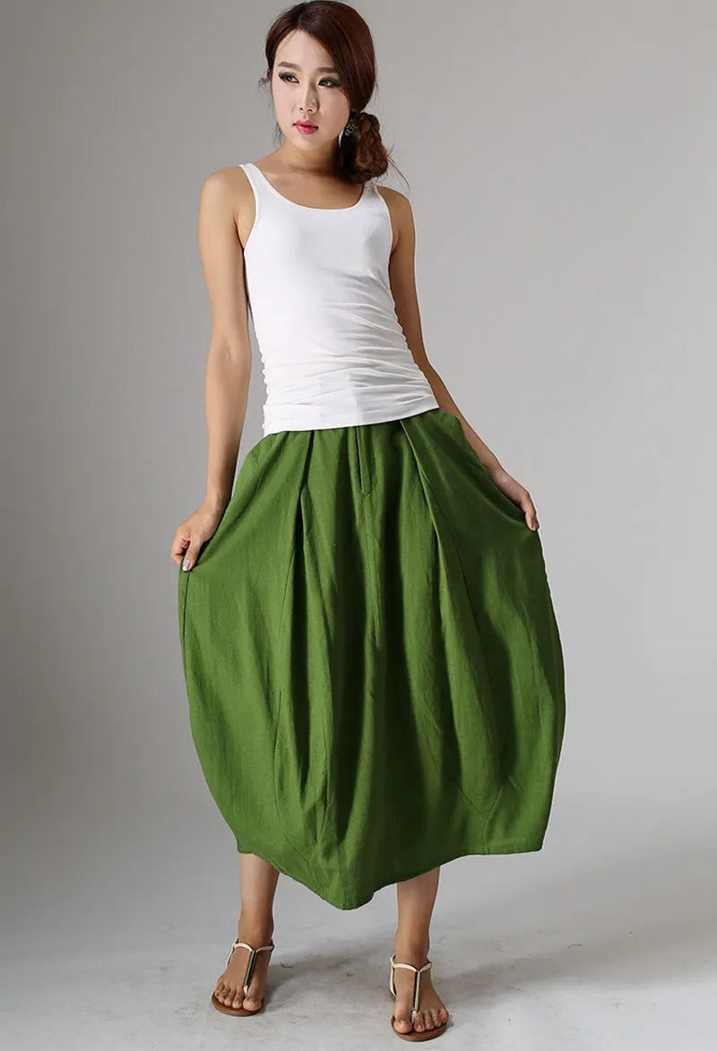 Handmade Linen Bubble Skirt Green – High-Waist Pleats Midi – 0984