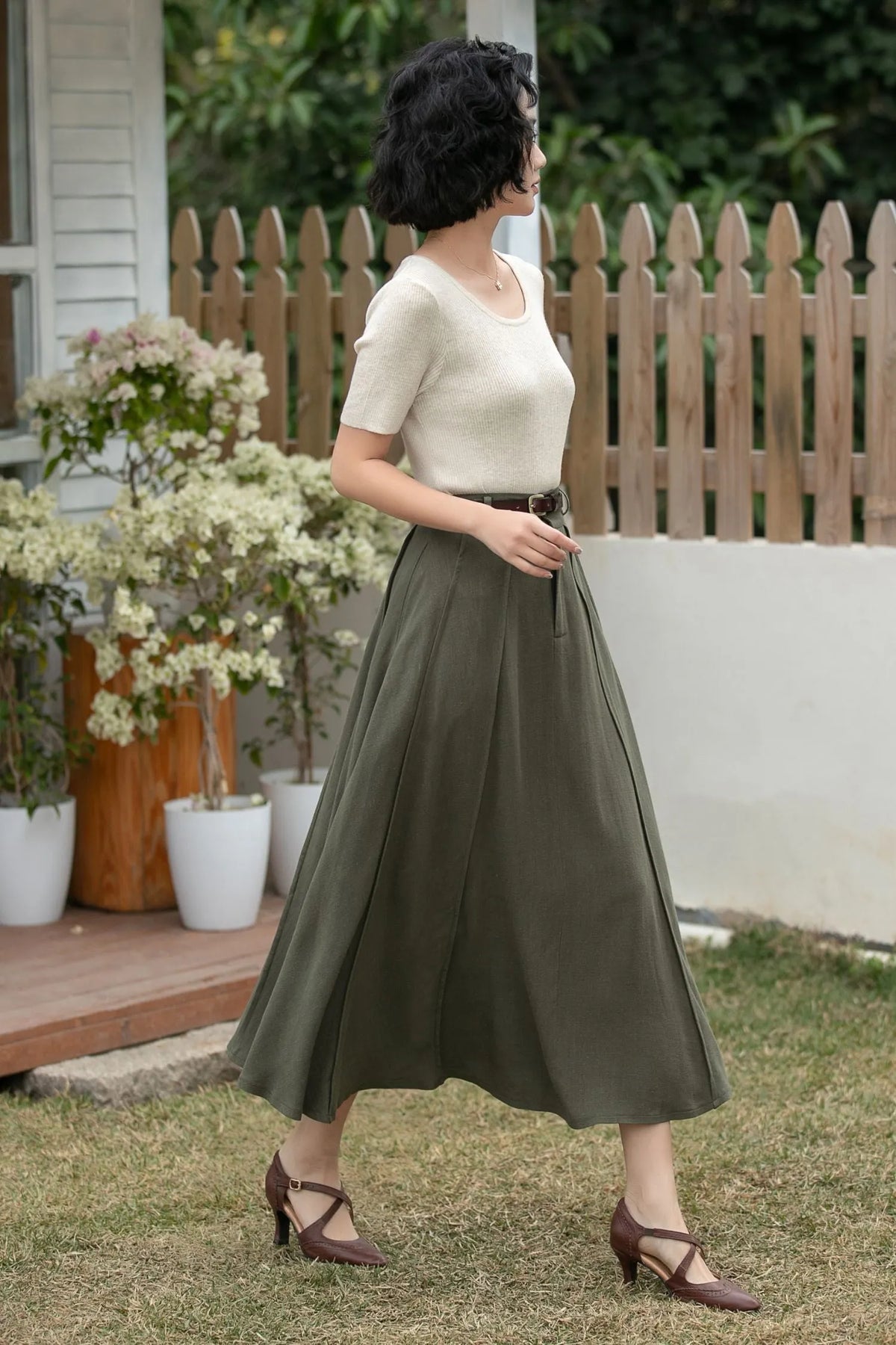 Xiaolizi Army Green Linen Midi Skirt – Vintage High Waist A-Line 6695
