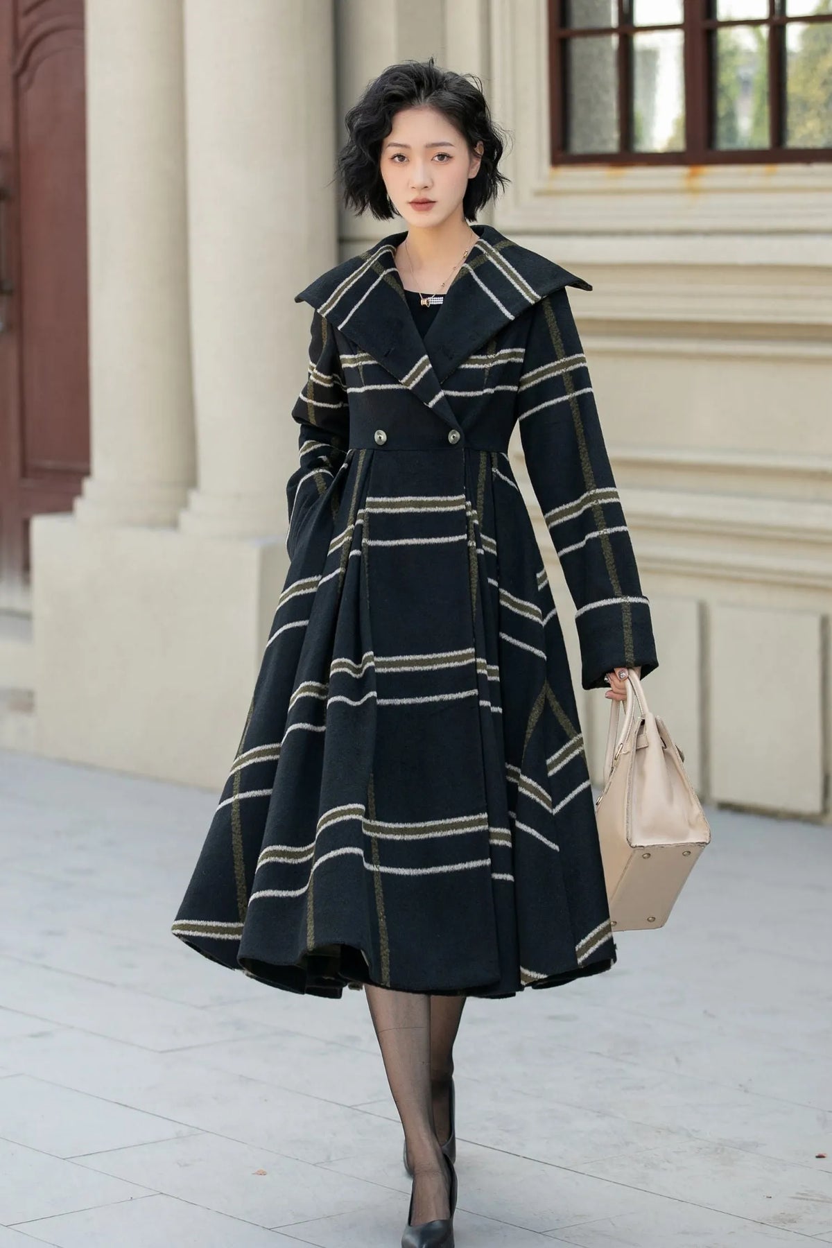 Black Wool Fit and Flare Coat - Double Breasted Stripe Design 5454