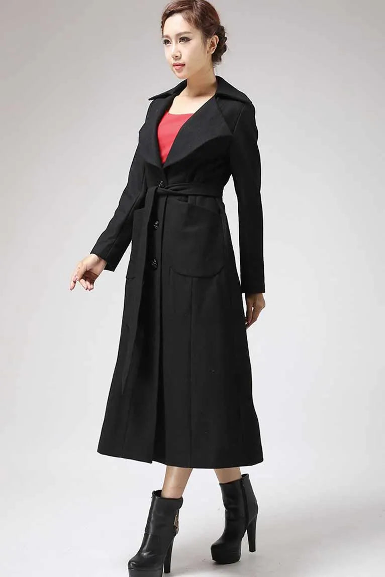 Handmade Black Wool Blend Coat – Elegant Long Winter Overcoat with Unique Collar 
