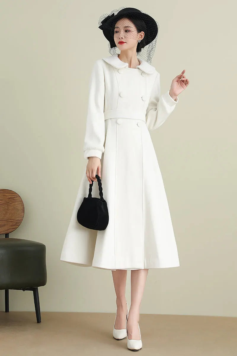 Handmade White Wool Coat – Long A-Line Swing Winter & Wedding Overcoat for Women 