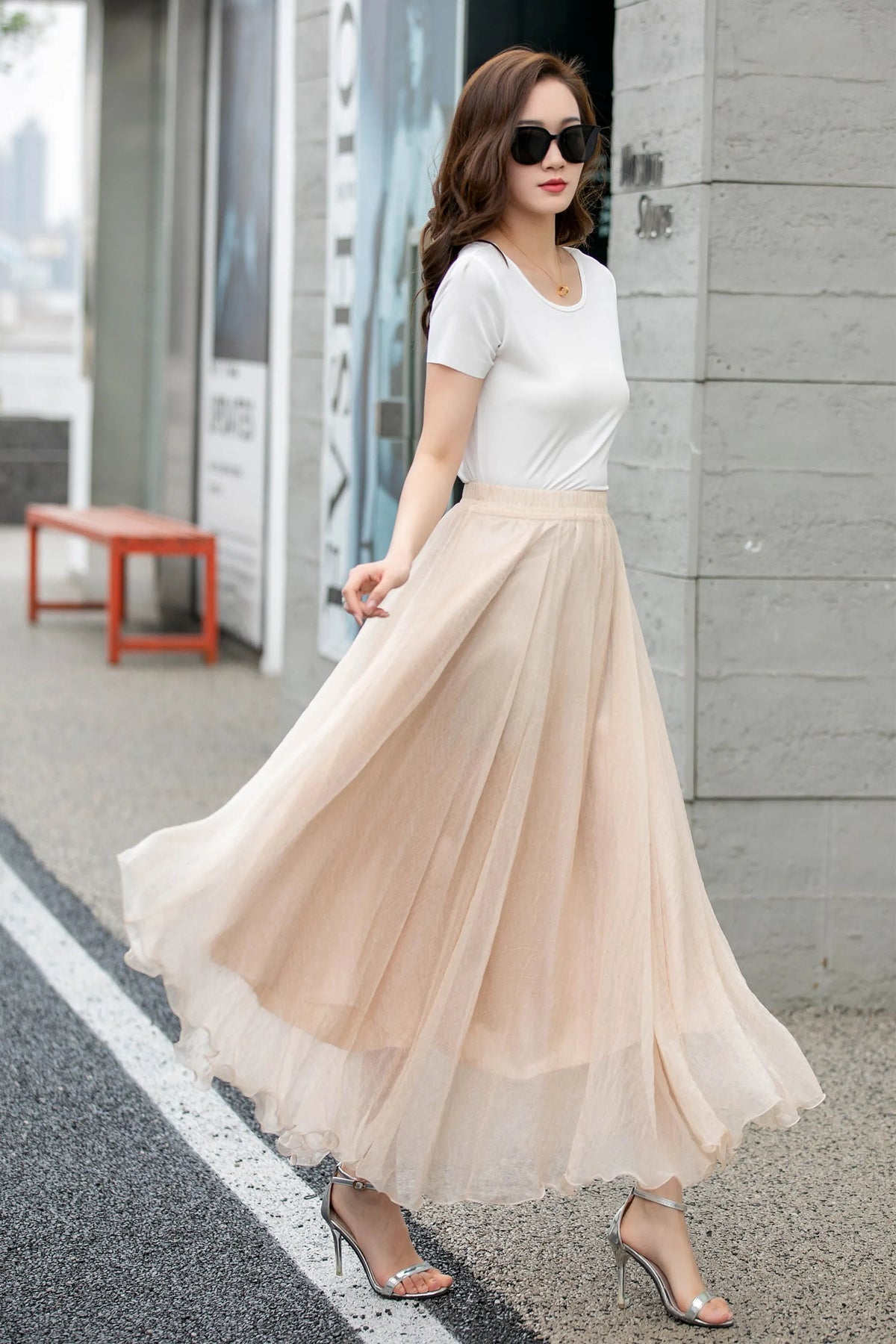 Handmade Beige Chiffon Swing Skirt – Flowing Maxi Circle Skirt 