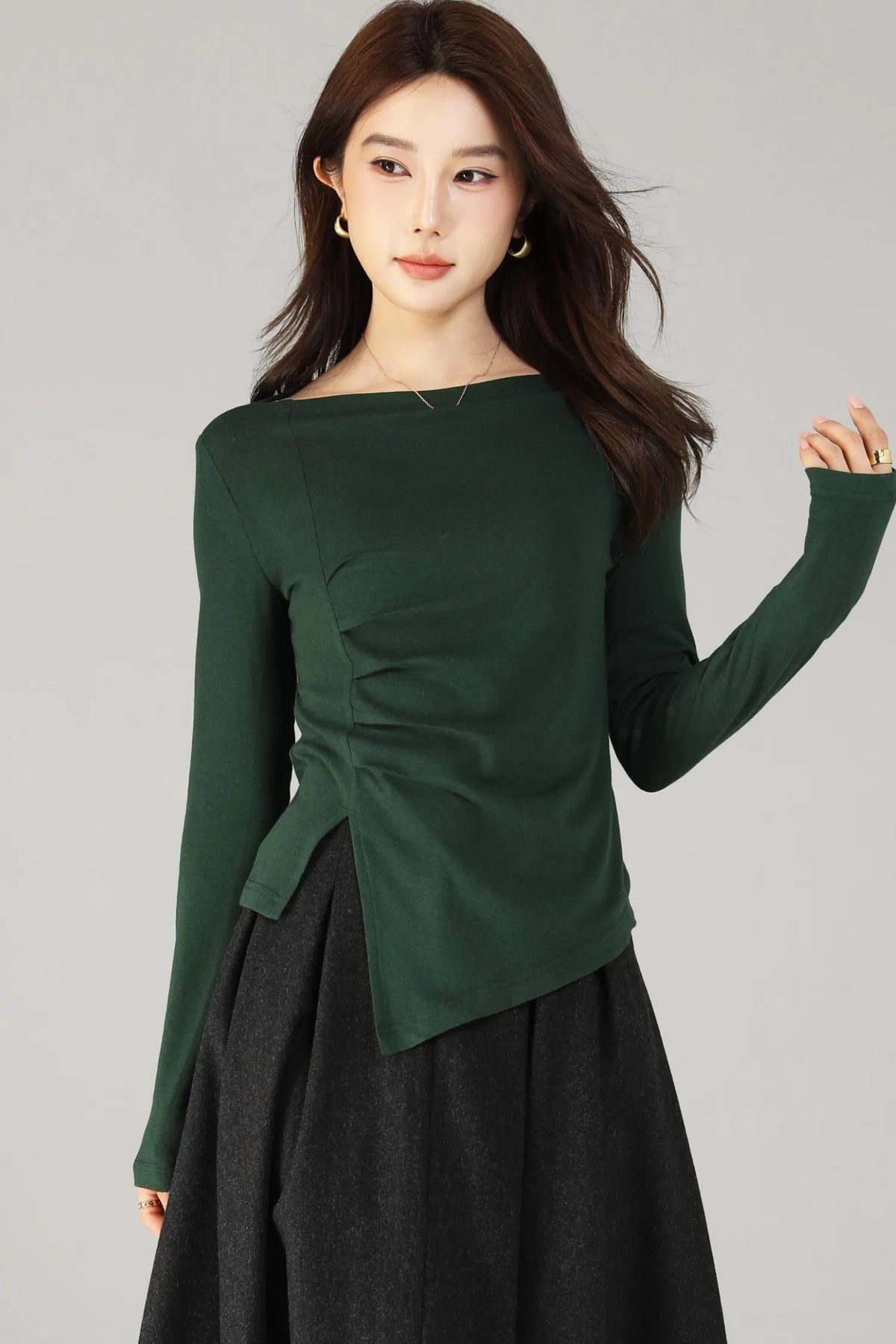 Green Cotton Knit Top - Asymmetrical Autumn Style 6504