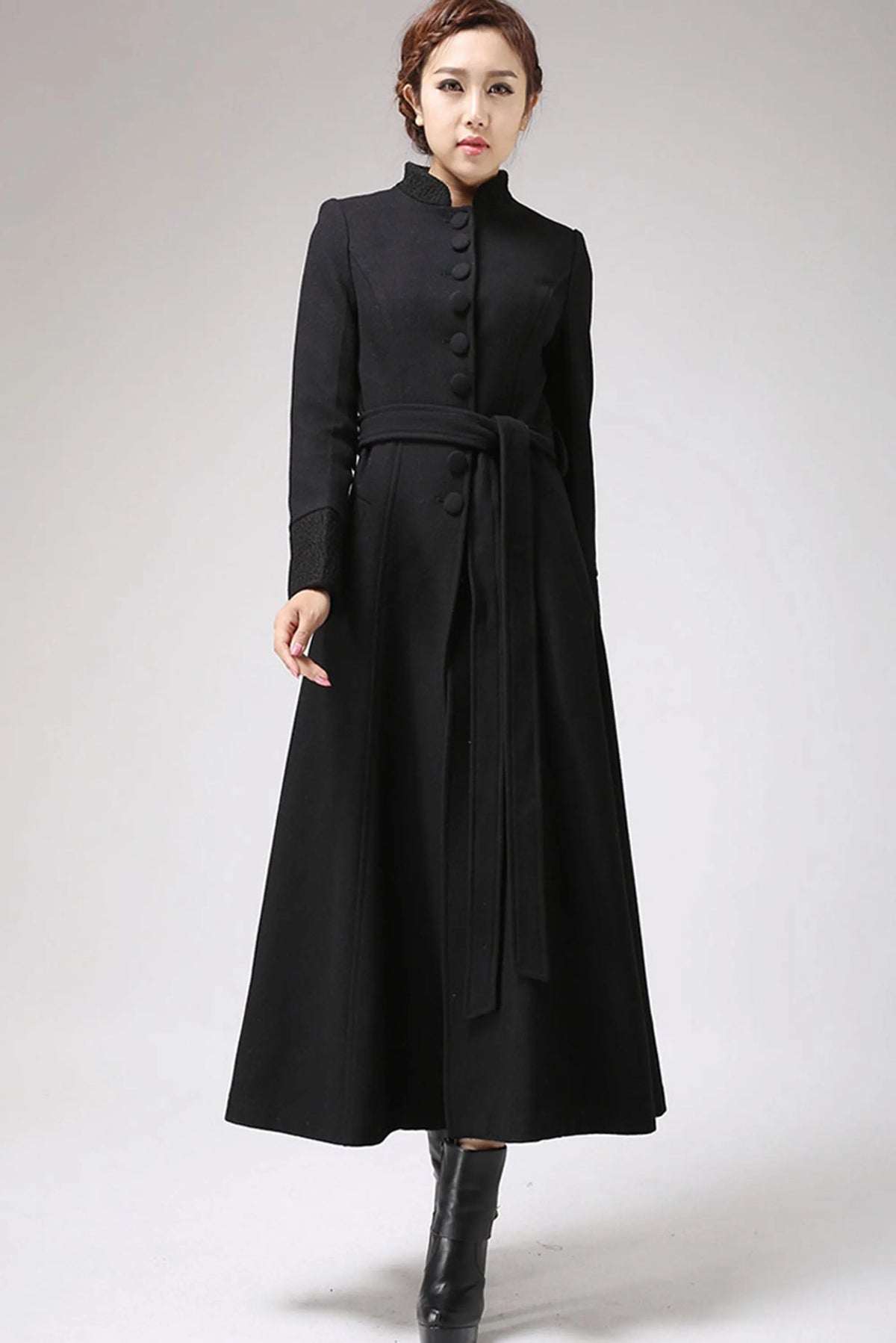 Handmade Black Wool Maxi Coat – Elegant Mandarin Collar Winter Overcoat with Belt 