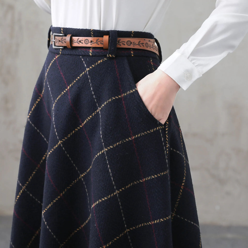 Blue Plaid Wool Blend A-Line Maxi Skirt - Vintage with Pockets 4001