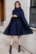 Blue Wool Cape Coat – Women’s Elegant Stand Collar Winter Cloak 2487
