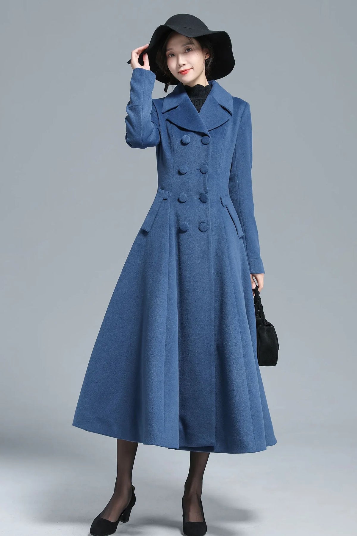 Blue Wool Maxi Coat - Vintage Inspired Fit & Flare Silhouette 3127