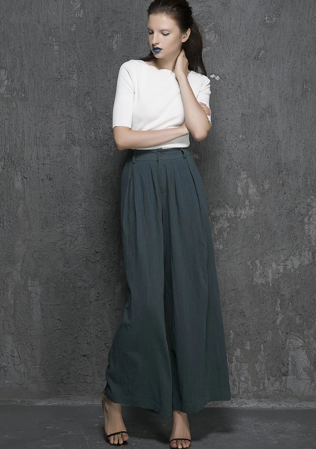 Green Linen Cotton Palazzo Pants - Wide Leg Ankle 