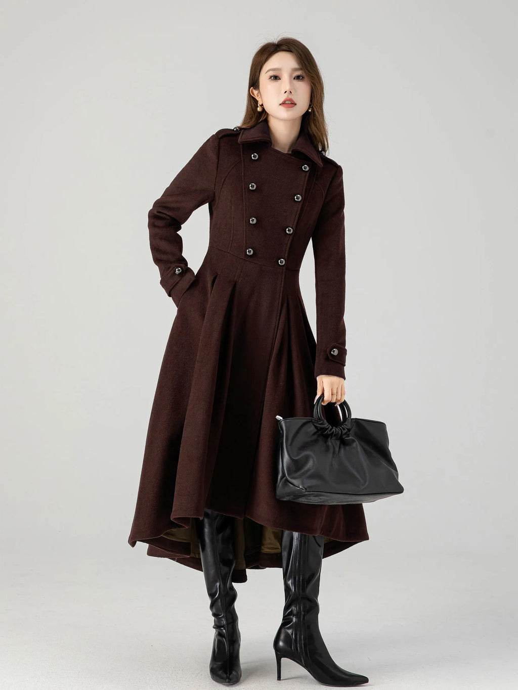 Brown Wool Long Coat - A-Line Vintage Inspired Double Breasted 6310